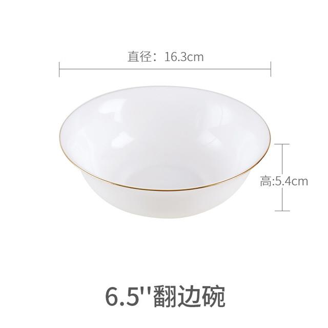 White Dinner Plate Bowl Dinnerware Set with Glod Rim Porcelain Soup Noodle Salad Bowl Fish Plate Spoon Glass Tableware Crockery