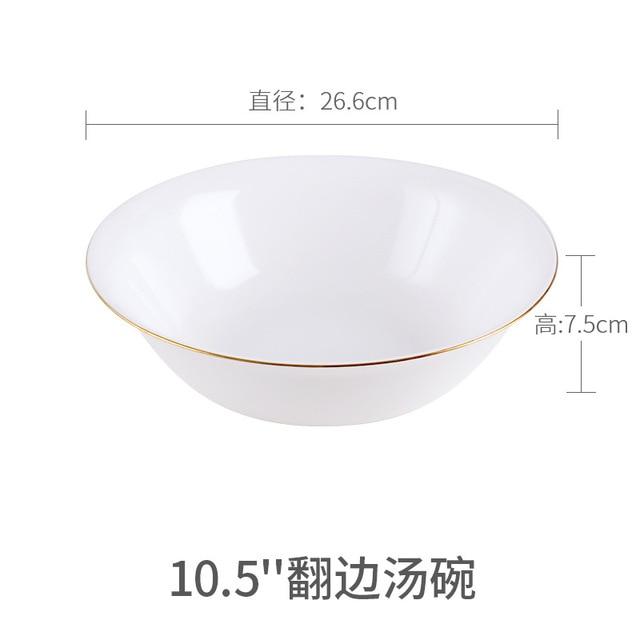 White Dinner Plate Bowl Dinnerware Set with Glod Rim Porcelain Soup Noodle Salad Bowl Fish Plate Spoon Glass Tableware Crockery