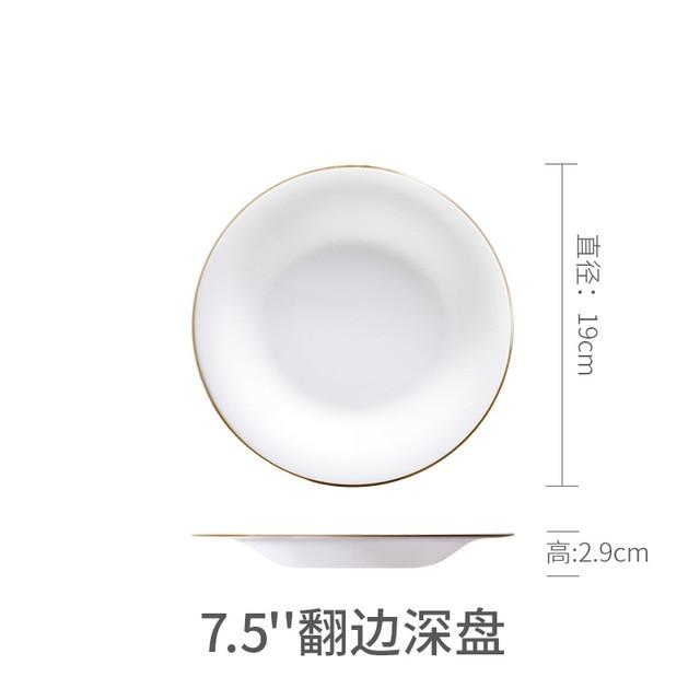 White Dinner Plate Bowl Dinnerware Set with Glod Rim Porcelain Soup Noodle Salad Bowl Fish Plate Spoon Glass Tableware Crockery