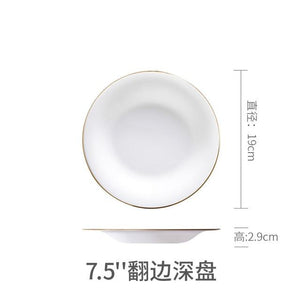 White Dinner Plate Bowl Dinnerware Set with Glod Rim Porcelain Soup Noodle Salad Bowl Fish Plate Spoon Glass Tableware Crockery