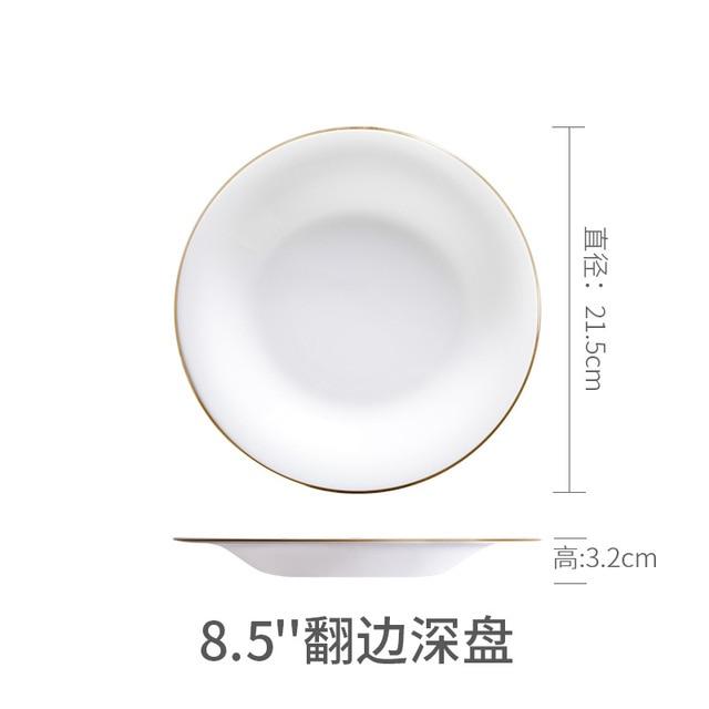 White Dinner Plate Bowl Dinnerware Set with Glod Rim Porcelain Soup Noodle Salad Bowl Fish Plate Spoon Glass Tableware Crockery