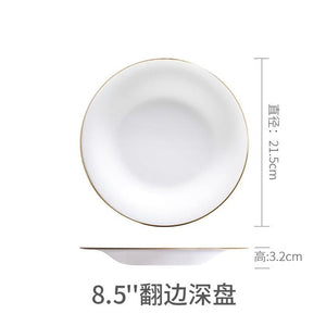 White Dinner Plate Bowl Dinnerware Set with Glod Rim Porcelain Soup Noodle Salad Bowl Fish Plate Spoon Glass Tableware Crockery