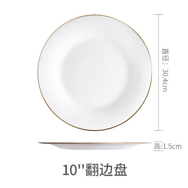 White Dinner Plate Bowl Dinnerware Set with Glod Rim Porcelain Soup Noodle Salad Bowl Fish Plate Spoon Glass Tableware Crockery