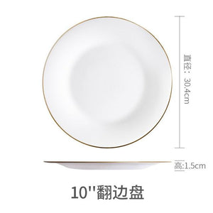 White Dinner Plate Bowl Dinnerware Set with Glod Rim Porcelain Soup Noodle Salad Bowl Fish Plate Spoon Glass Tableware Crockery