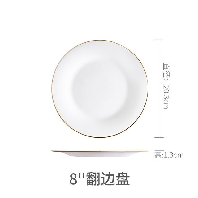 White Dinner Plate Bowl Dinnerware Set with Glod Rim Porcelain Soup Noodle Salad Bowl Fish Plate Spoon Glass Tableware Crockery