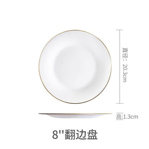 White Dinner Plate Bowl Dinnerware Set with Glod Rim Porcelain Soup Noodle Salad Bowl Fish Plate Spoon Glass Tableware Crockery