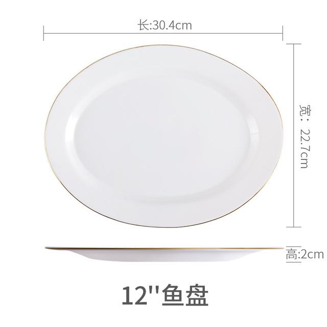 White Dinner Plate Bowl Dinnerware Set with Glod Rim Porcelain Soup Noodle Salad Bowl Fish Plate Spoon Glass Tableware Crockery