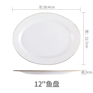 White Dinner Plate Bowl Dinnerware Set with Glod Rim Porcelain Soup Noodle Salad Bowl Fish Plate Spoon Glass Tableware Crockery