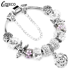 925 Fashion Silver Charms Bracelet Bangle For Women Crystal Flower Fairy Bead