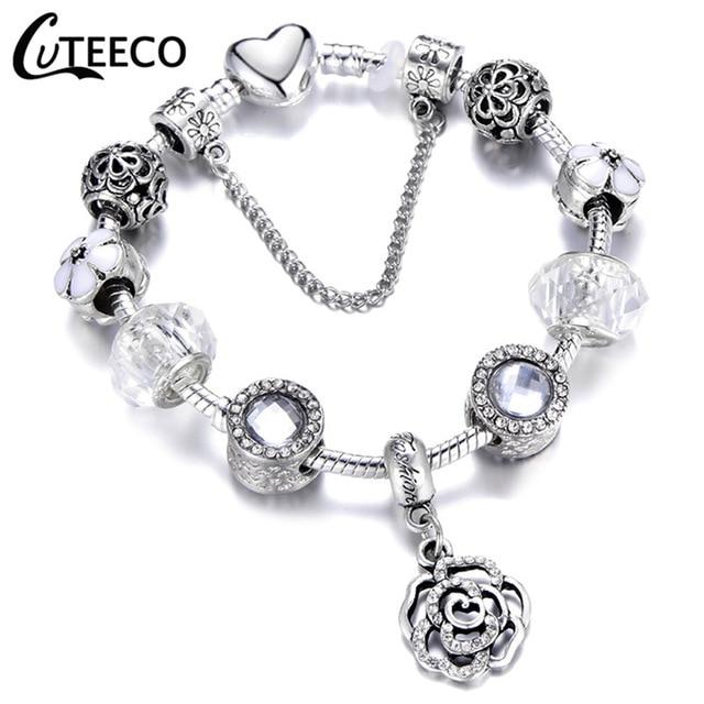 925 Fashion Silver Charms Bracelet Bangle For Women Crystal Flower Fairy Bead