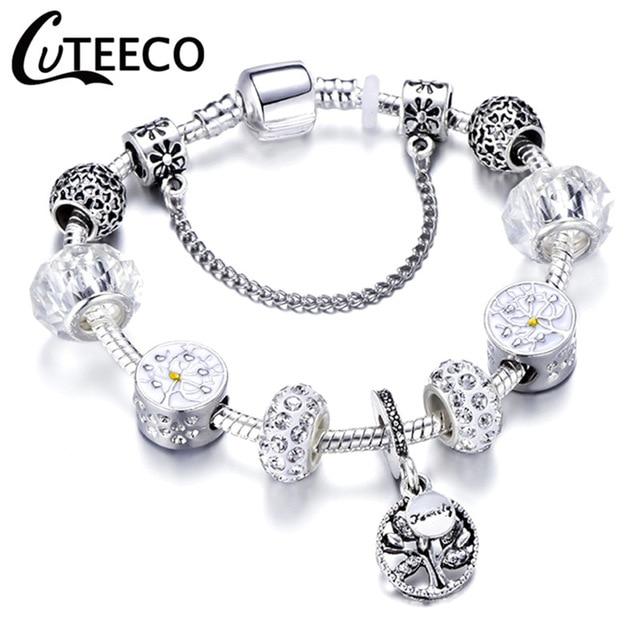 925 Fashion Silver Charms Bracelet Bangle For Women Crystal Flower Fairy Bead