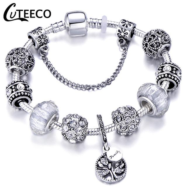 925 Fashion Silver Charms Bracelet Bangle For Women Crystal Flower Fairy Bead