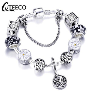 925 Fashion Silver Charms Bracelet Bangle For Women Crystal Flower Fairy Bead