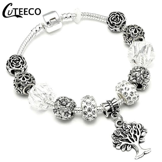 925 Fashion Silver Charms Bracelet Bangle For Women Crystal Flower Fairy Bead