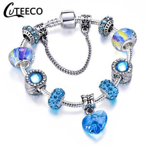 925 Fashion Silver Charms Bracelet Bangle For Women Crystal Flower Fairy Bead