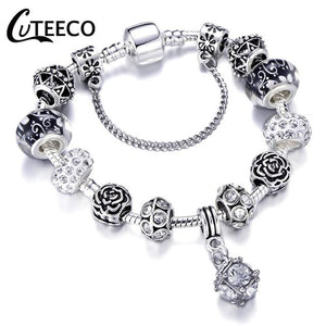 925 Fashion Silver Charms Bracelet Bangle For Women Crystal Flower Fairy Bead