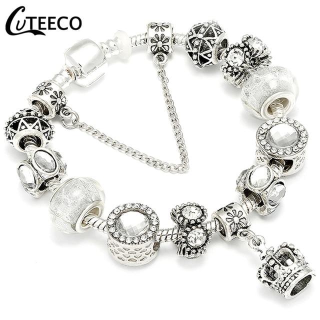 925 Fashion Silver Charms Bracelet Bangle For Women Crystal Flower Fairy Bead