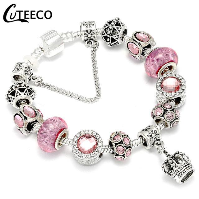 925 Fashion Silver Charms Bracelet Bangle For Women Crystal Flower Fairy Bead