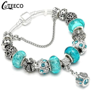 925 Fashion Silver Charms Bracelet Bangle For Women Crystal Flower Fairy Bead