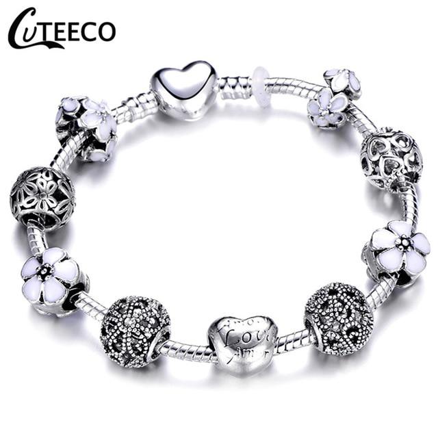 925 Fashion Silver Charms Bracelet Bangle For Women Crystal Flower Fairy Bead