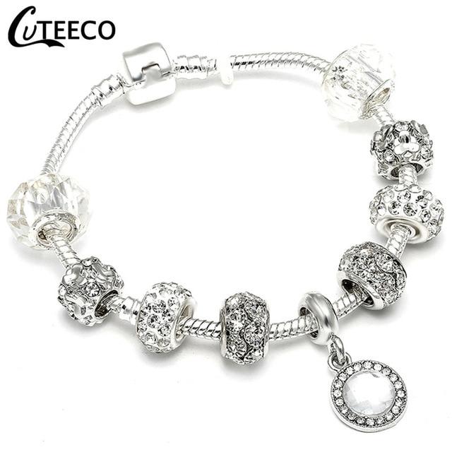 925 Fashion Silver Charms Bracelet Bangle For Women Crystal Flower Fairy Bead