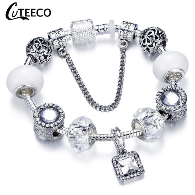 925 Fashion Silver Charms Bracelet Bangle For Women Crystal Flower Fairy Bead