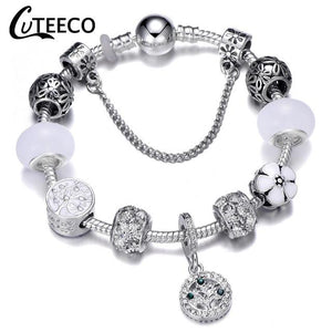 925 Fashion Silver Charms Bracelet Bangle For Women Crystal Flower Fairy Bead