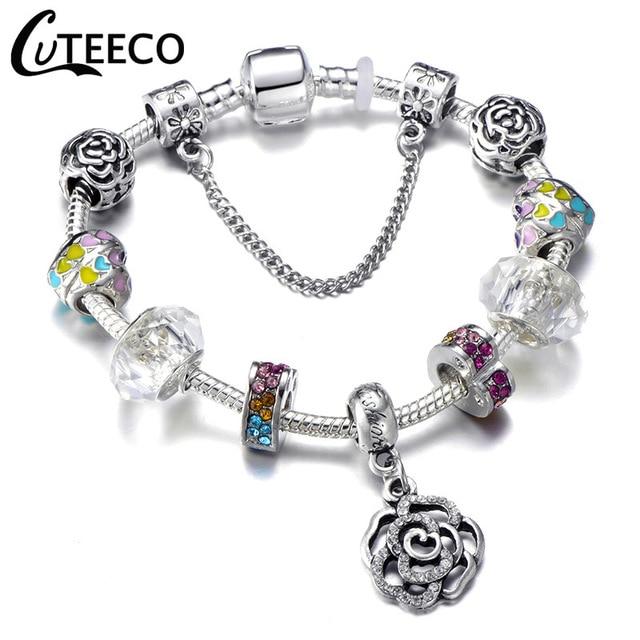 925 Fashion Silver Charms Bracelet Bangle For Women Crystal Flower Fairy Bead