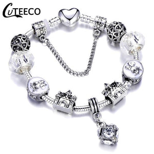 925 Fashion Silver Charms Bracelet Bangle For Women Crystal Flower Fairy Bead