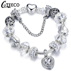 925 Fashion Silver Charms Bracelet Bangle For Women Crystal Flower Fairy Bead