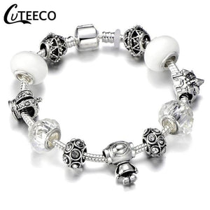 925 Fashion Silver Charms Bracelet Bangle For Women Crystal Flower Fairy Bead