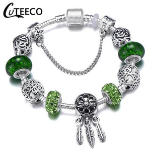 925 Fashion Silver Charms Bracelet Bangle For Women Crystal Flower Fairy Bead