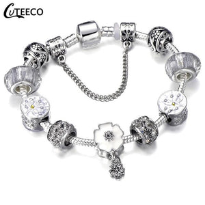 925 Fashion Silver Charms Bracelet Bangle For Women Crystal Flower Fairy Bead