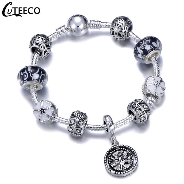 925 Fashion Silver Charms Bracelet Bangle For Women Crystal Flower Fairy Bead