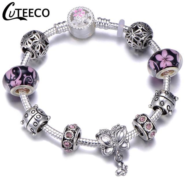 925 Fashion Silver Charms Bracelet Bangle For Women Crystal Flower Fairy Bead