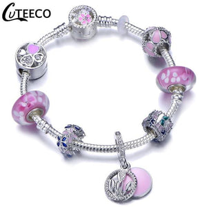 925 Fashion Silver Charms Bracelet Bangle For Women Crystal Flower Fairy Bead