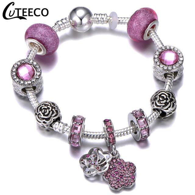 925 Fashion Silver Charms Bracelet Bangle For Women Crystal Flower Fairy Bead