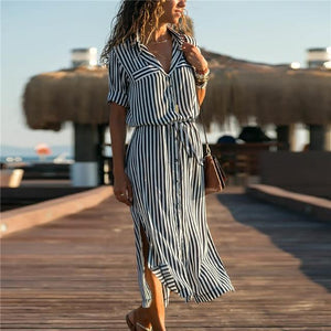 2019 Turn Down Collar Office Ladies Stripe Shirt Dress Long Boho Beach Dress Casual Long Sleeve Elegant Party Dress Vestidos