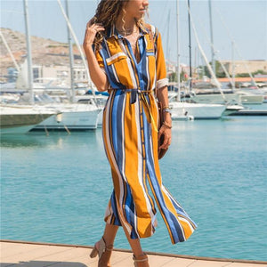 2019 Turn Down Collar Office Ladies Stripe Shirt Dress Long Boho Beach Dress Casual Long Sleeve Elegant Party Dress Vestidos