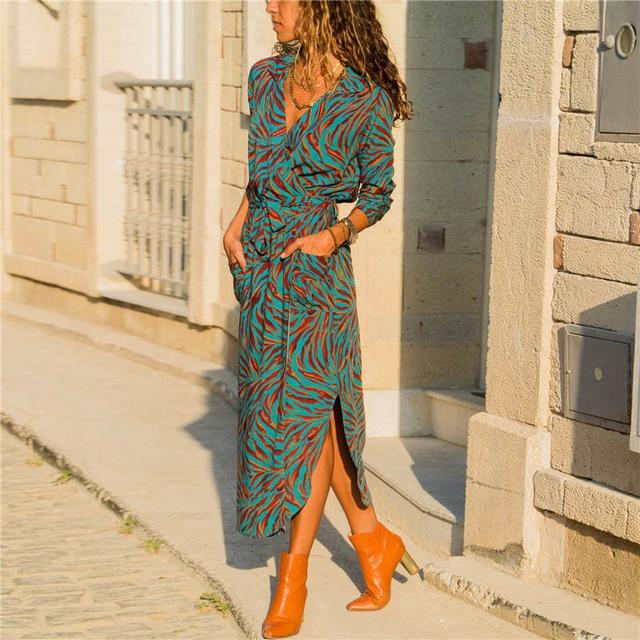 Women Long Dress Floral Print Summer Maxi Bohemian Beach Dress Elegant Party Dress Long Sleeve Office Shirt Dress Vestidos Longo