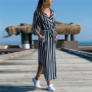 Women Long Dress Floral Print Summer Maxi Bohemian Beach Dress Elegant Party Dress Long Sleeve Office Shirt Dress Vestidos Longo