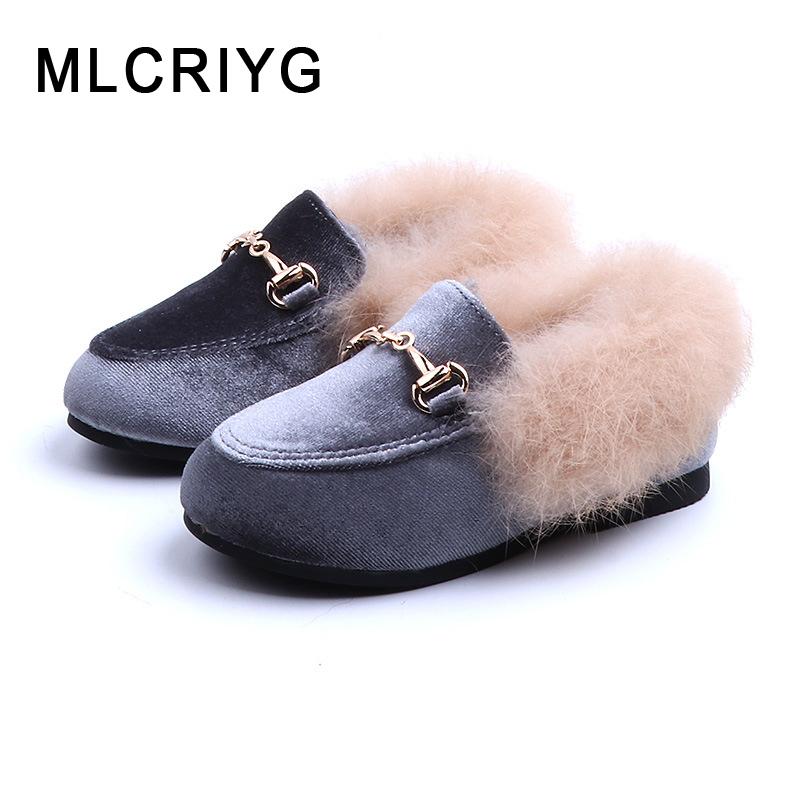 Winter Kids Fur Shoes Baby Girls Warm Flats Children Pu Leather Princess Shoes