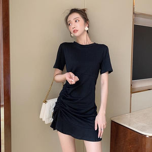 Women Tshirt Dress 2019 Short Sleeve Bandage Solid Summer Dress Casual Sexy Slim Boho Beach Ruffle Party Dress Vestidos Black