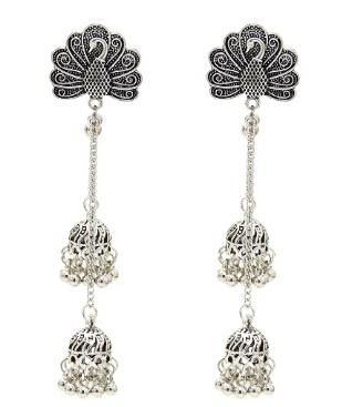 Indian Oxidized Silver Drop Earrings for Women Boho Jhumka