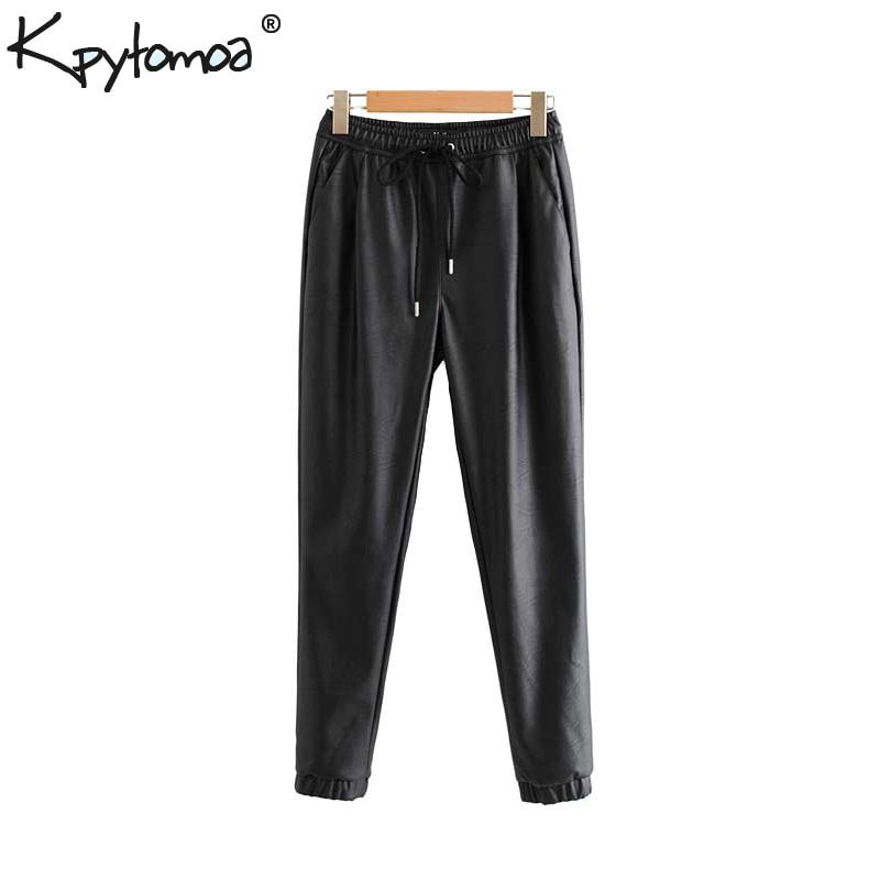 Vintage Stylish Pu Leather Pockets Pants Women 2019 Fashion Elastic Waist Drawstring Tie Ankle Trousers Pantalones Mujer