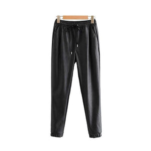 Vintage Stylish Pu Leather Pockets Pants Women 2019 Fashion Elastic Waist Drawstring Tie Ankle Trousers Pantalones Mujer