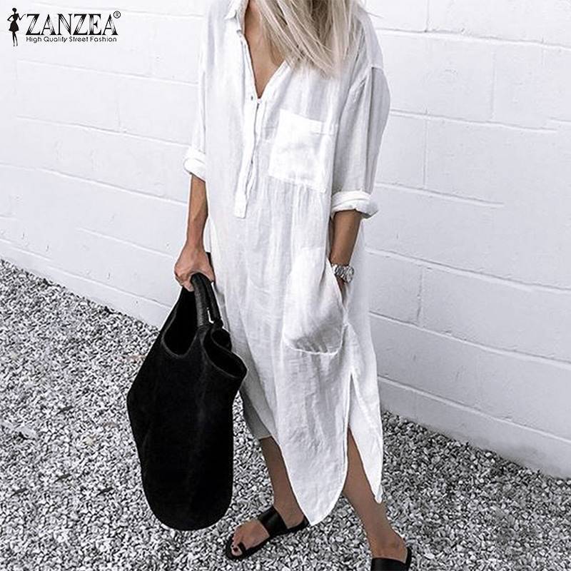 2019 ZANZEA Women Long Shirts Dress Office Lady Work Dresses Casual Solid Lapel Vestidos Cotton Tunic Shirt Robe Femme Dresses