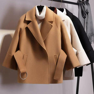 Women Short Woolen Coat Belt Jacket