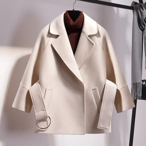 Women Short Woolen Coat Belt Jacket