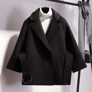 Women Short Woolen Coat Belt Jacket